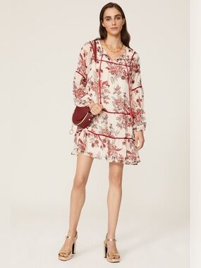 Great Jones Floral Tiered V-Neck Dress in Cream and Rose Boho Rent the Runway
